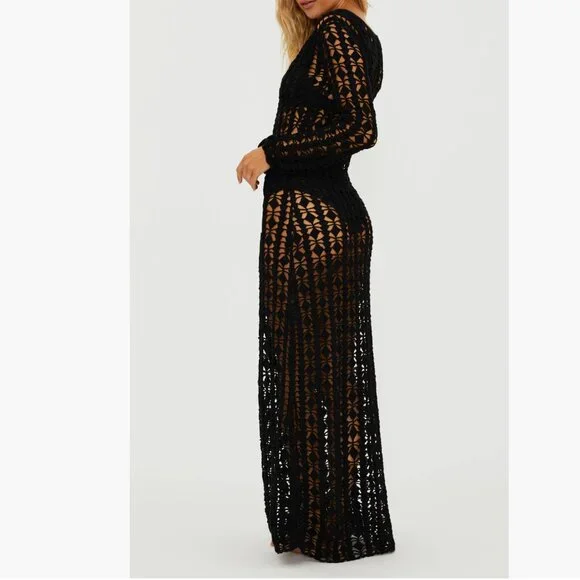 NWT $248 Beach Riot Ariana Long Sleeve Cotton Crochet Cover-Up DressBLACK S